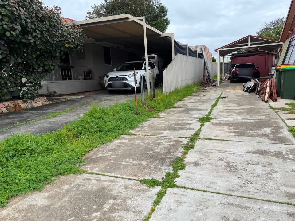 Old asbestos fence along a concrete driveway